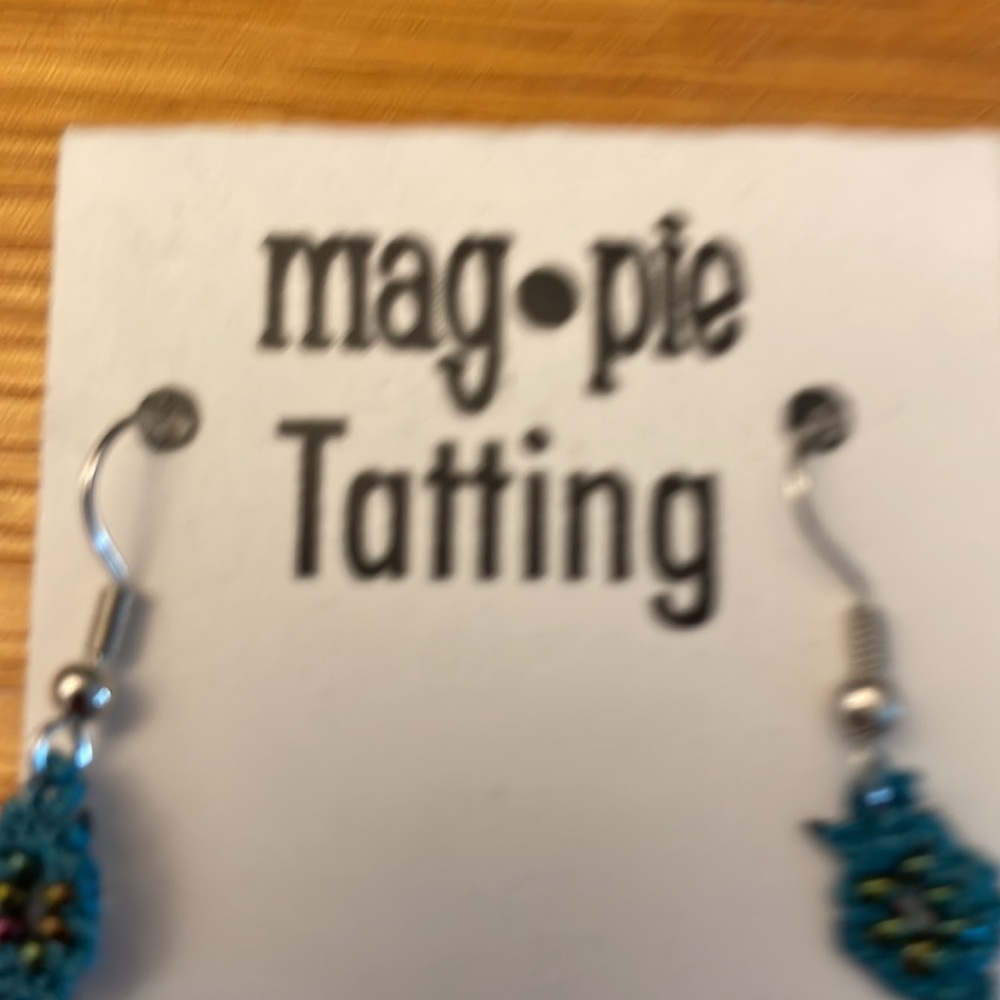 Blue delicately crocheted earrings with small beads. Never worn. - Picture 3 of 6